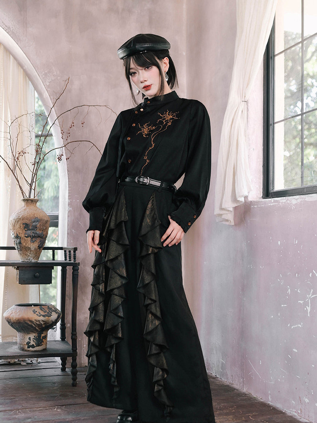 Chinese-Inspired Datura Embroidered Shirt