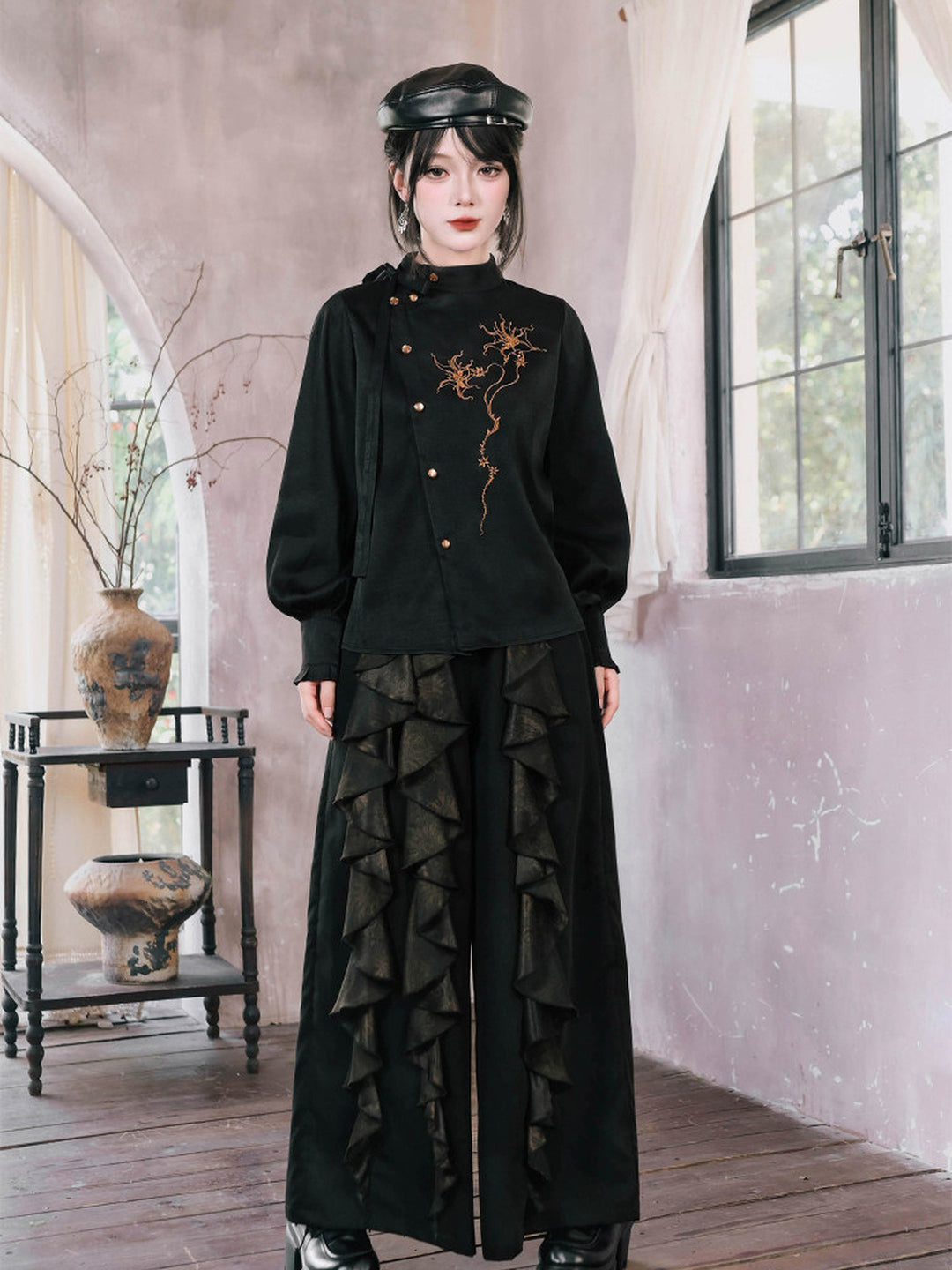 Chinese-Inspired Datura Embroidered Shirt