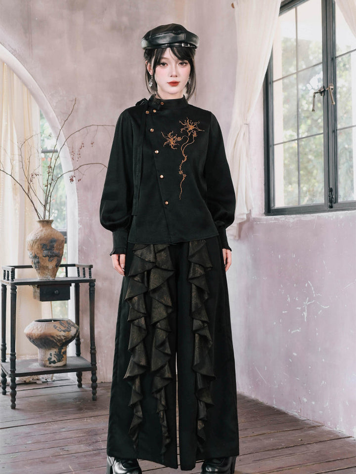 Chinese-Inspired Datura Embroidered Shirt