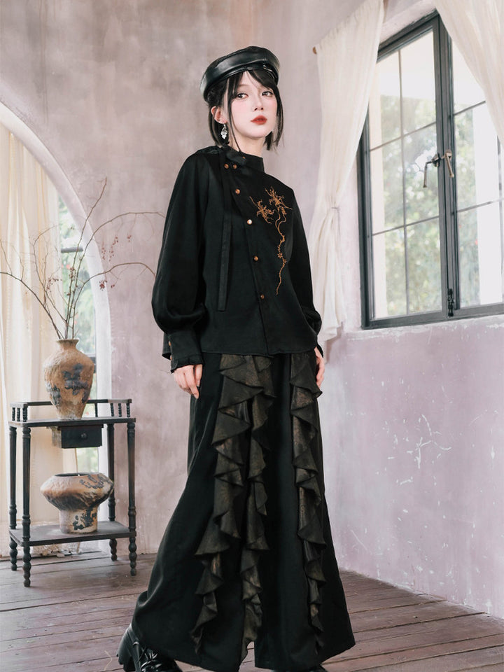 Chinese-Inspired Datura Embroidered Shirt
