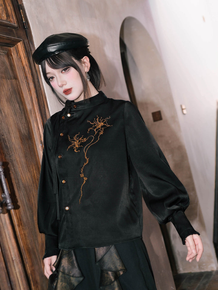 Chinese-Inspired Datura Embroidered Shirt