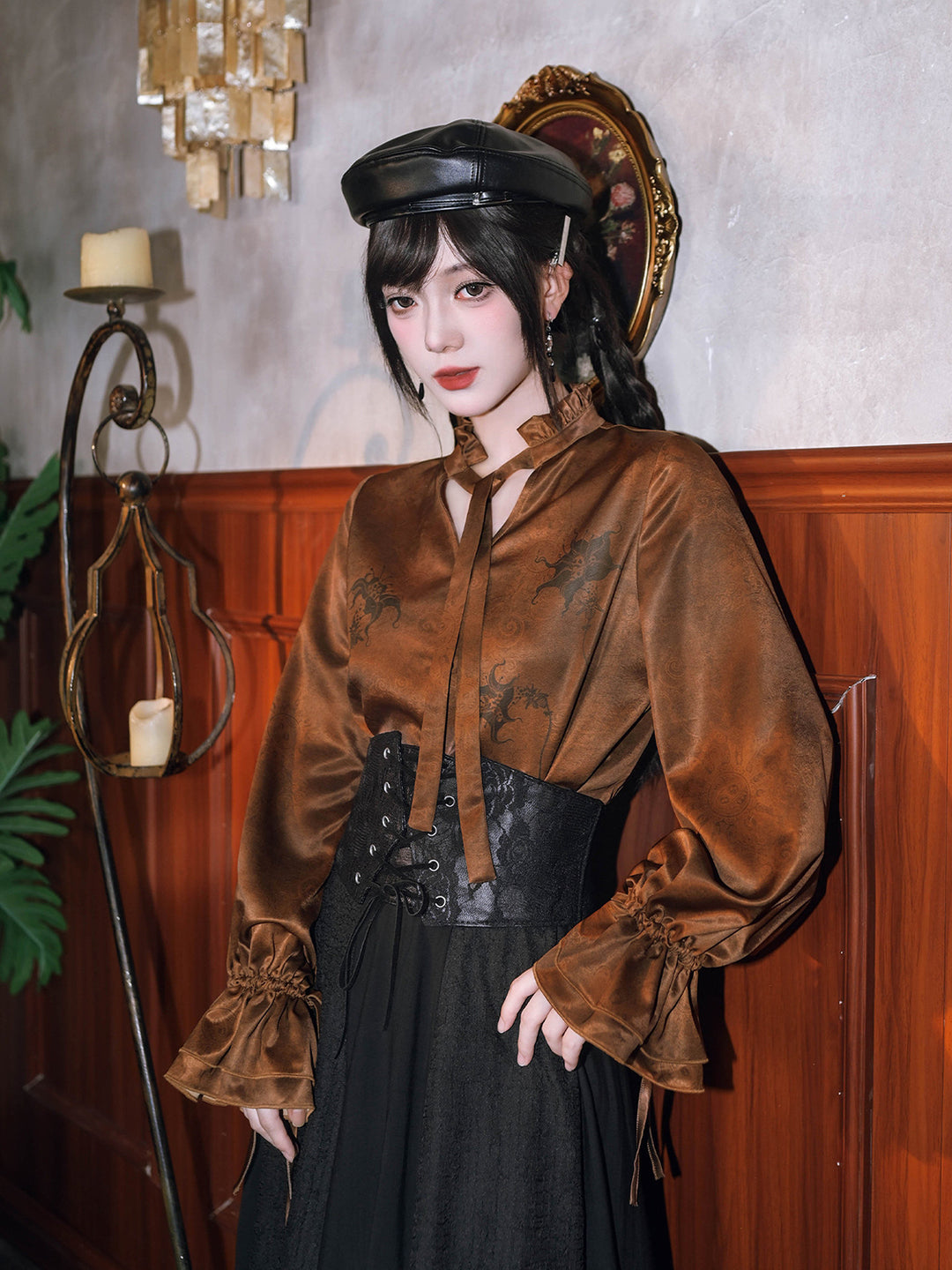 Chinese-Inspired Datura Print Balloon Sleeve Shirt