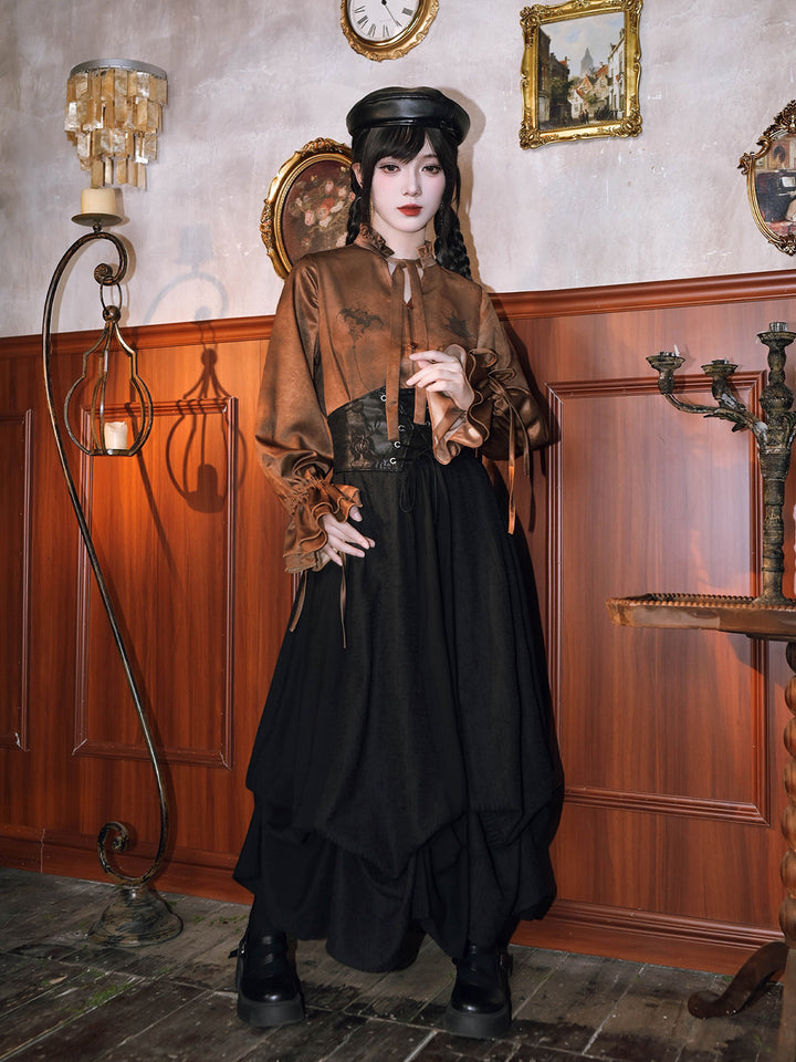Chinese-Inspired Datura Print Balloon Sleeve Shirt