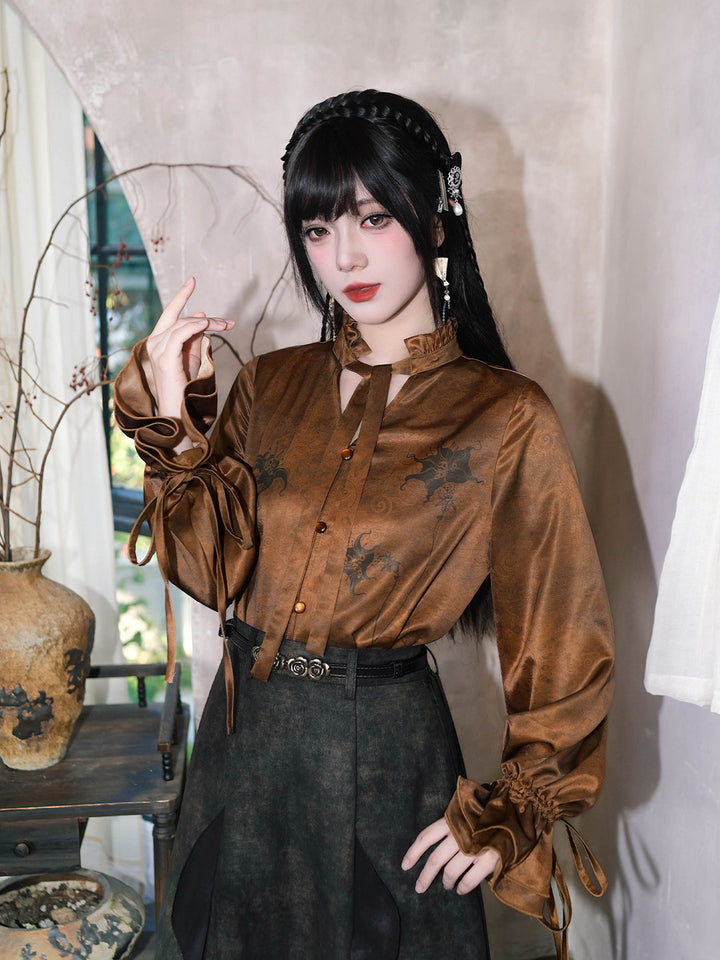 Chinese-Inspired Datura Print Balloon Sleeve Shirt
