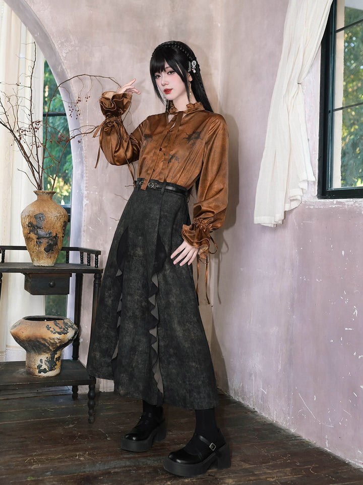 Chinese-Inspired Datura Print Balloon Sleeve Shirt