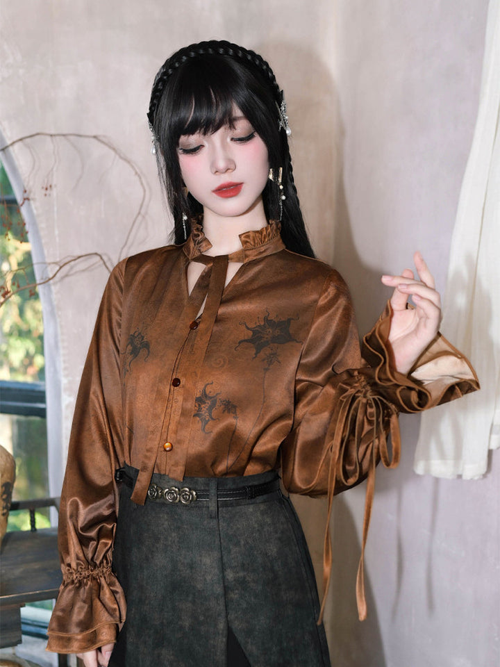 Chinese-Inspired Datura Print Balloon Sleeve Shirt