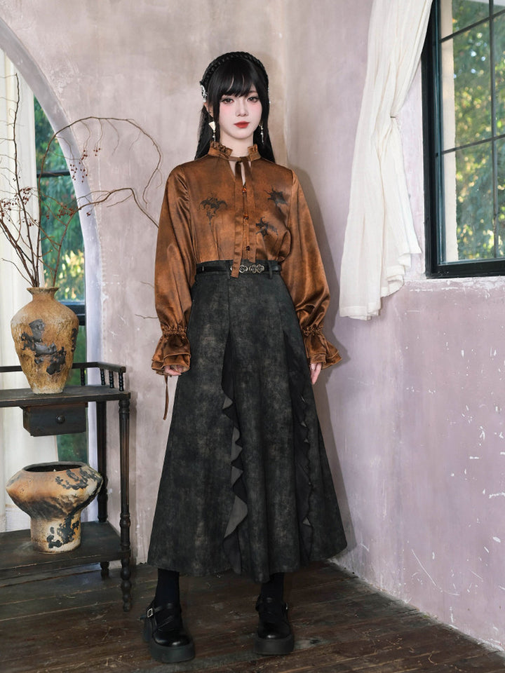 Chinese-Inspired Datura Print Balloon Sleeve Shirt