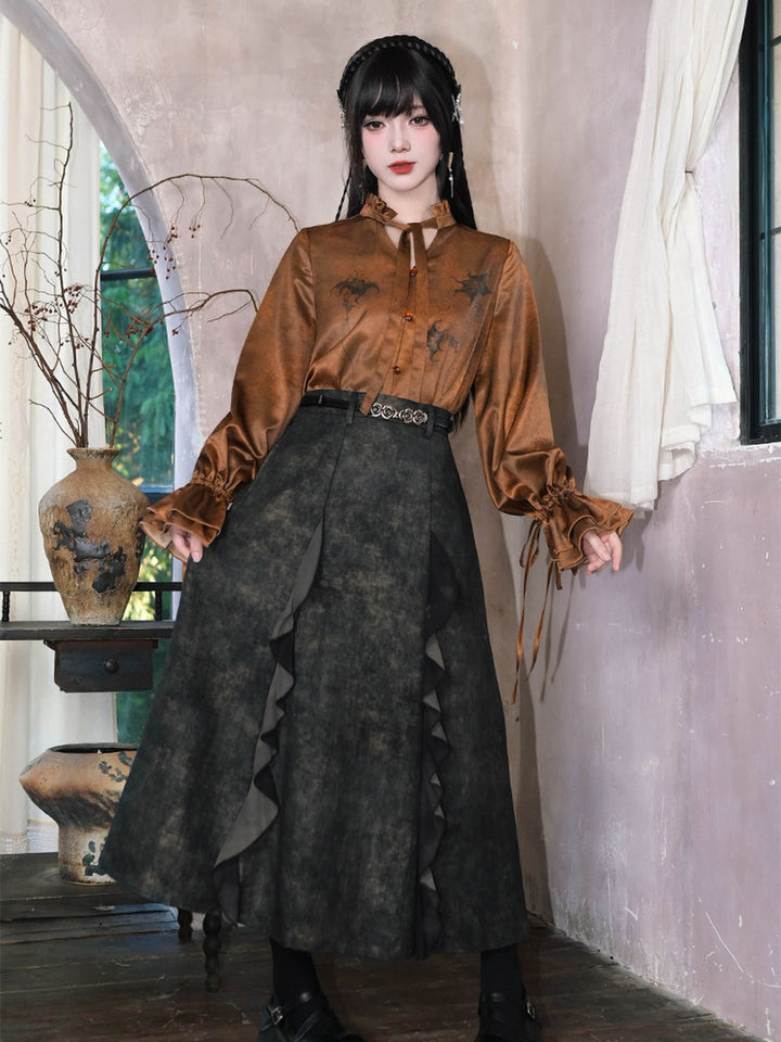 Chinese-Inspired Datura Print Balloon Sleeve Shirt