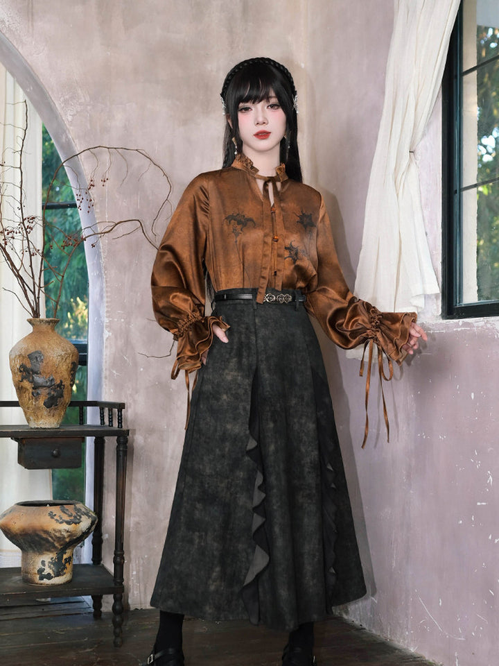 Chinese-Inspired Datura Print Balloon Sleeve Shirt