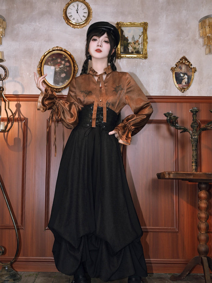 Chinese-Inspired Datura Print Balloon Sleeve Shirt