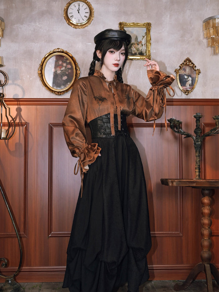 Chinese-Inspired Datura Print Balloon Sleeve Shirt