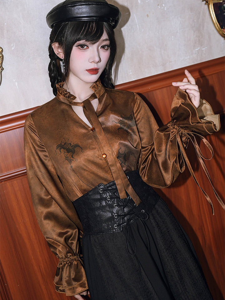 Chinese-Inspired Datura Print Balloon Sleeve Shirt