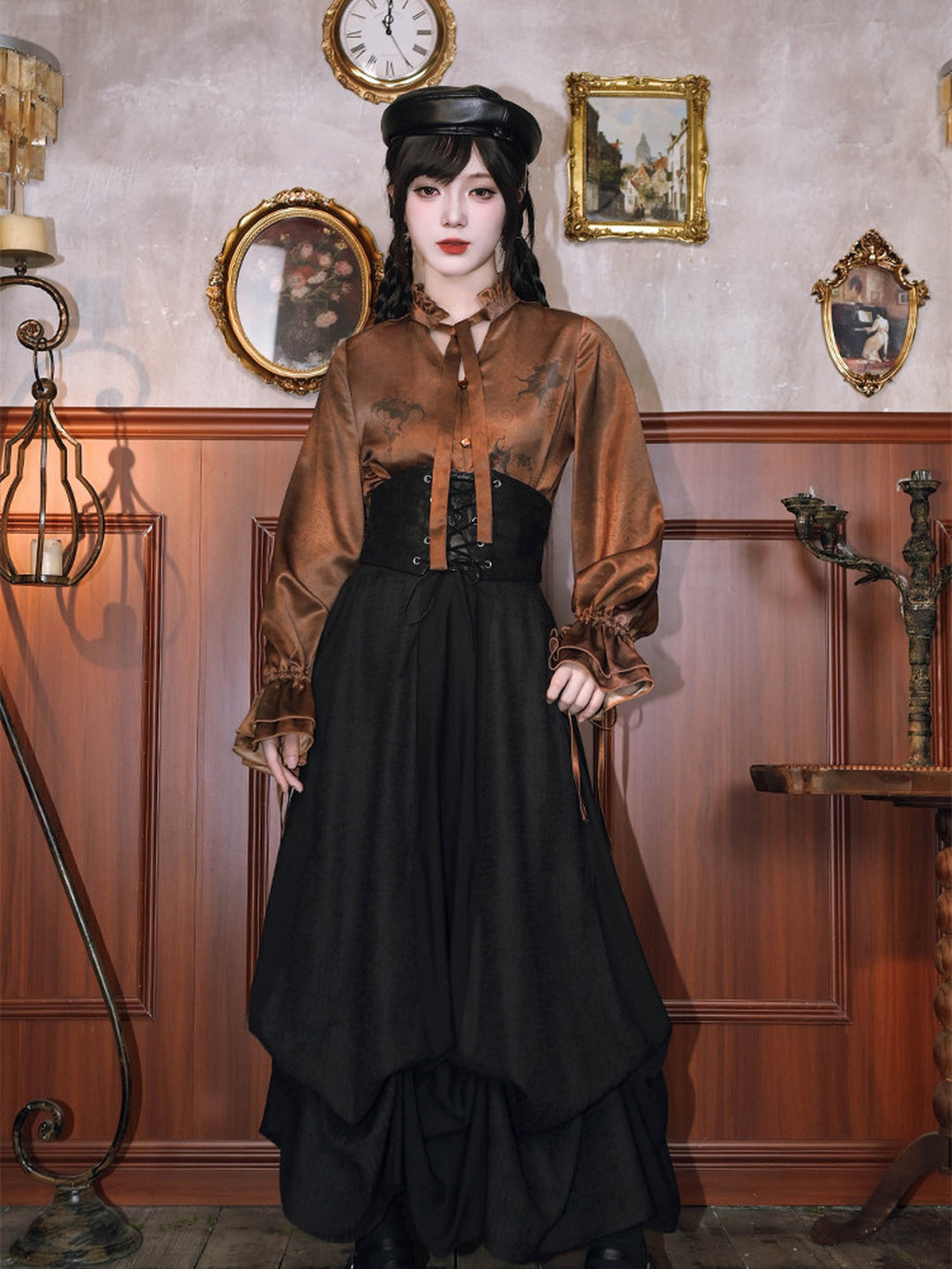 Chinese-Inspired Datura Print Balloon Sleeve Shirt