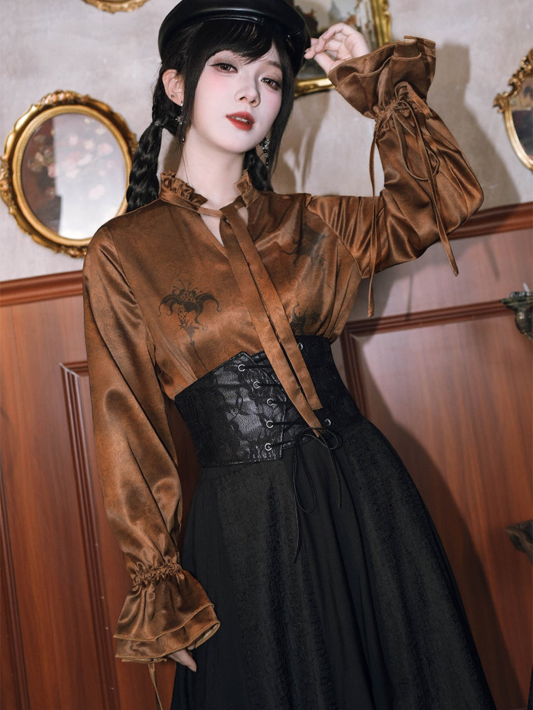 Chinese-Inspired Datura Print Balloon Sleeve Shirt