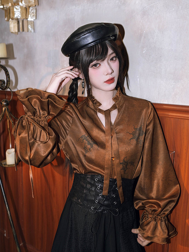 Chinese-Inspired Datura Print Balloon Sleeve Shirt