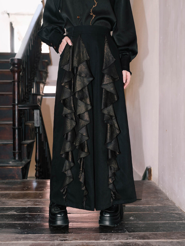 Chinese-Inspired Datura Ruffle Wide-Leg Pants