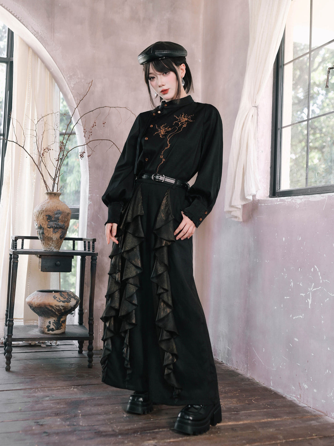 Chinese-Inspired Datura Ruffle Wide-Leg Pants