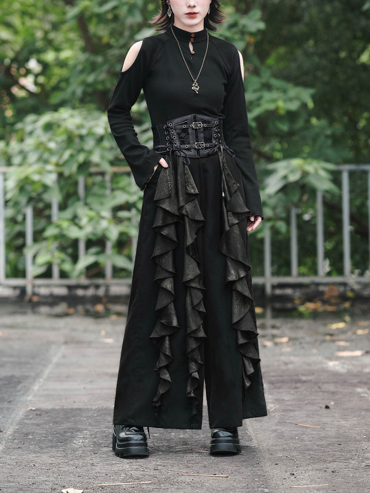Chinese-Inspired Datura Ruffle Wide-Leg Pants