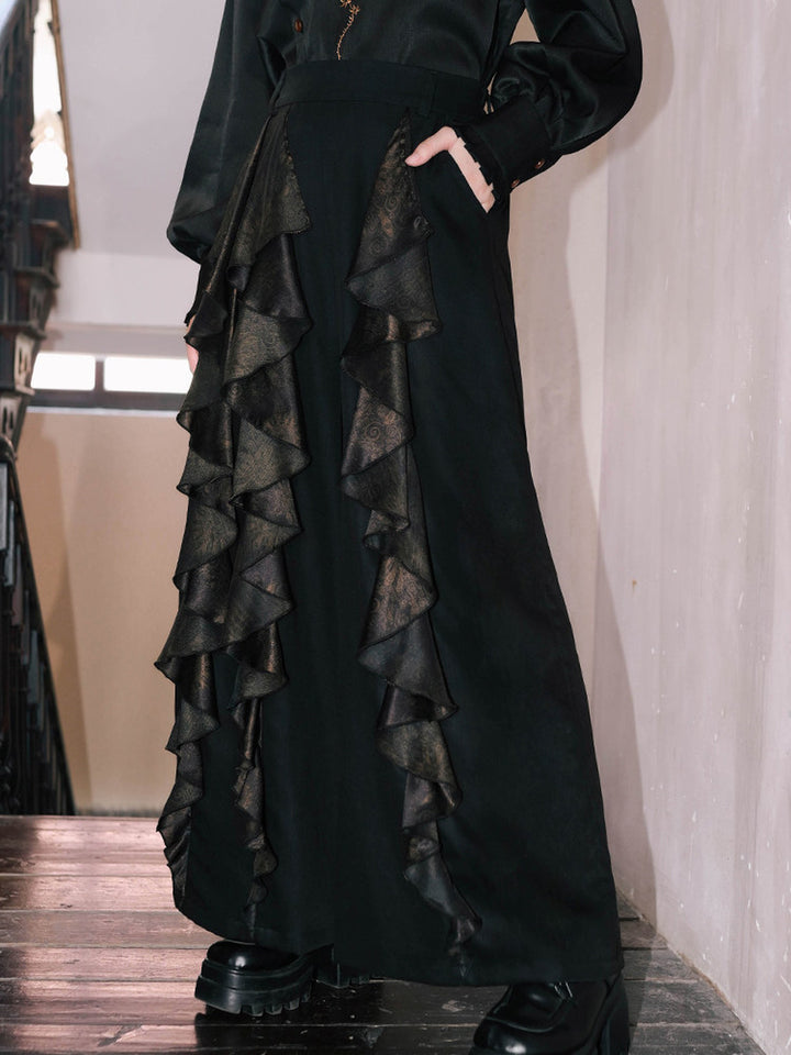 Chinese-Inspired Datura Ruffle Wide-Leg Pants