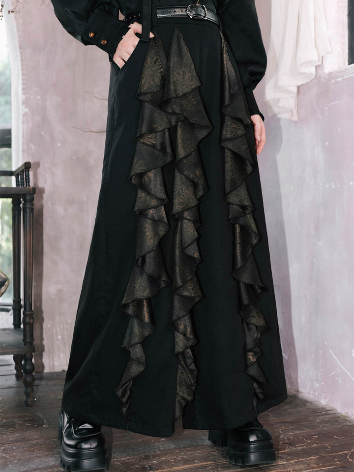 Chinese-Inspired Datura Ruffle Wide-Leg Pants