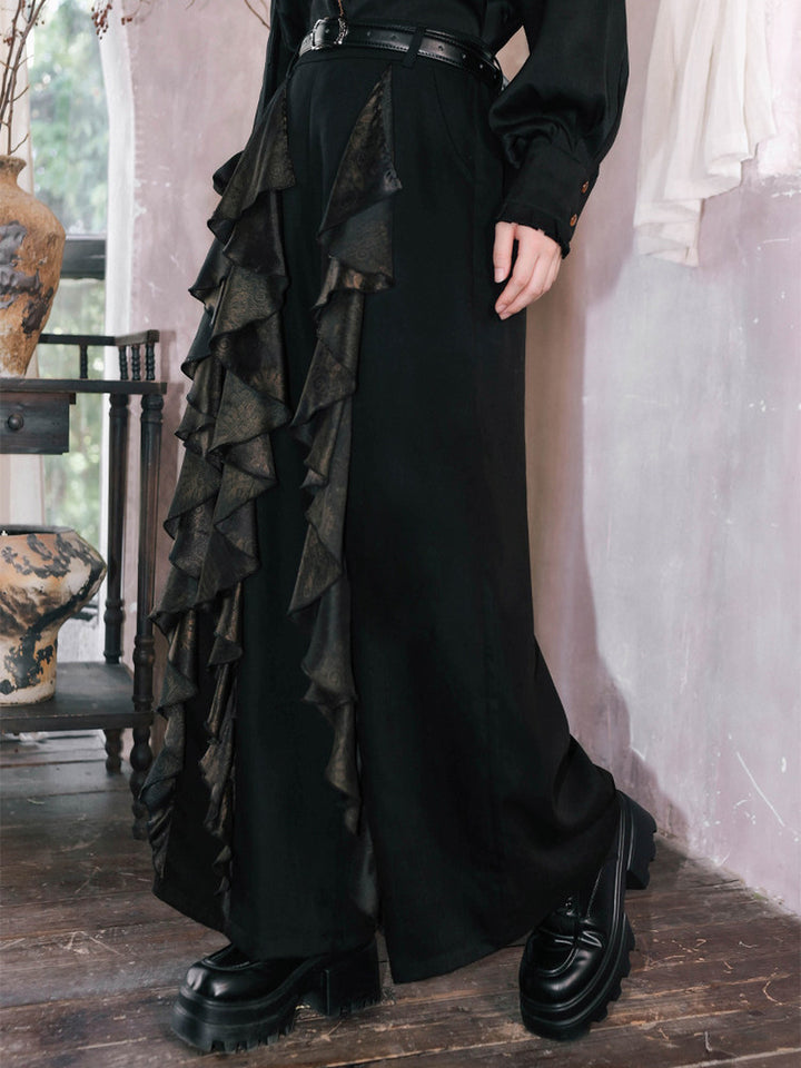 Chinese-Inspired Datura Ruffle Wide-Leg Pants