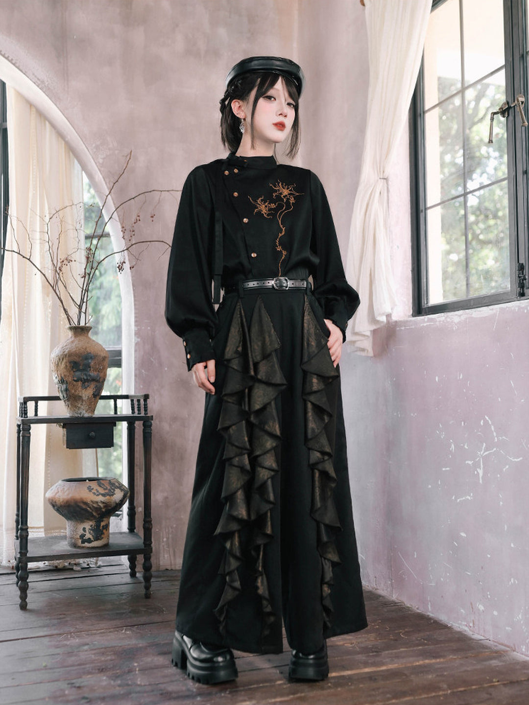 Chinese-Inspired Datura Ruffle Wide-Leg Pants