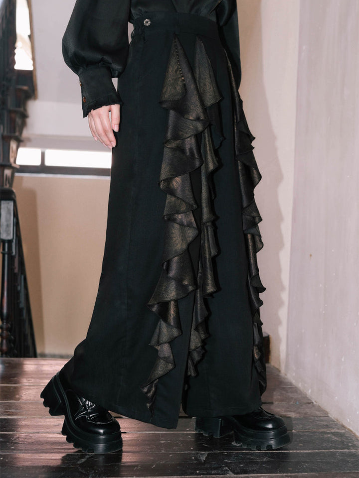 Chinese-Inspired Datura Ruffle Wide-Leg Pants