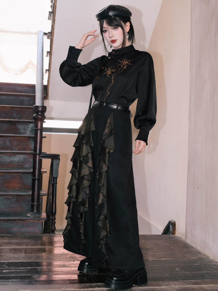 Chinese-Inspired Datura Ruffle Wide-Leg Pants