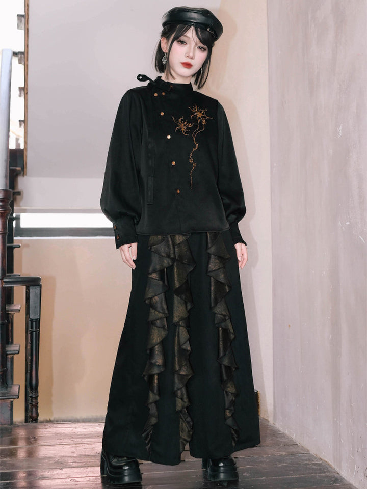 Chinese-Inspired Datura Ruffle Wide-Leg Pants