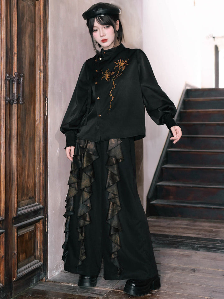 Chinese-Inspired Datura Ruffle Wide-Leg Pants