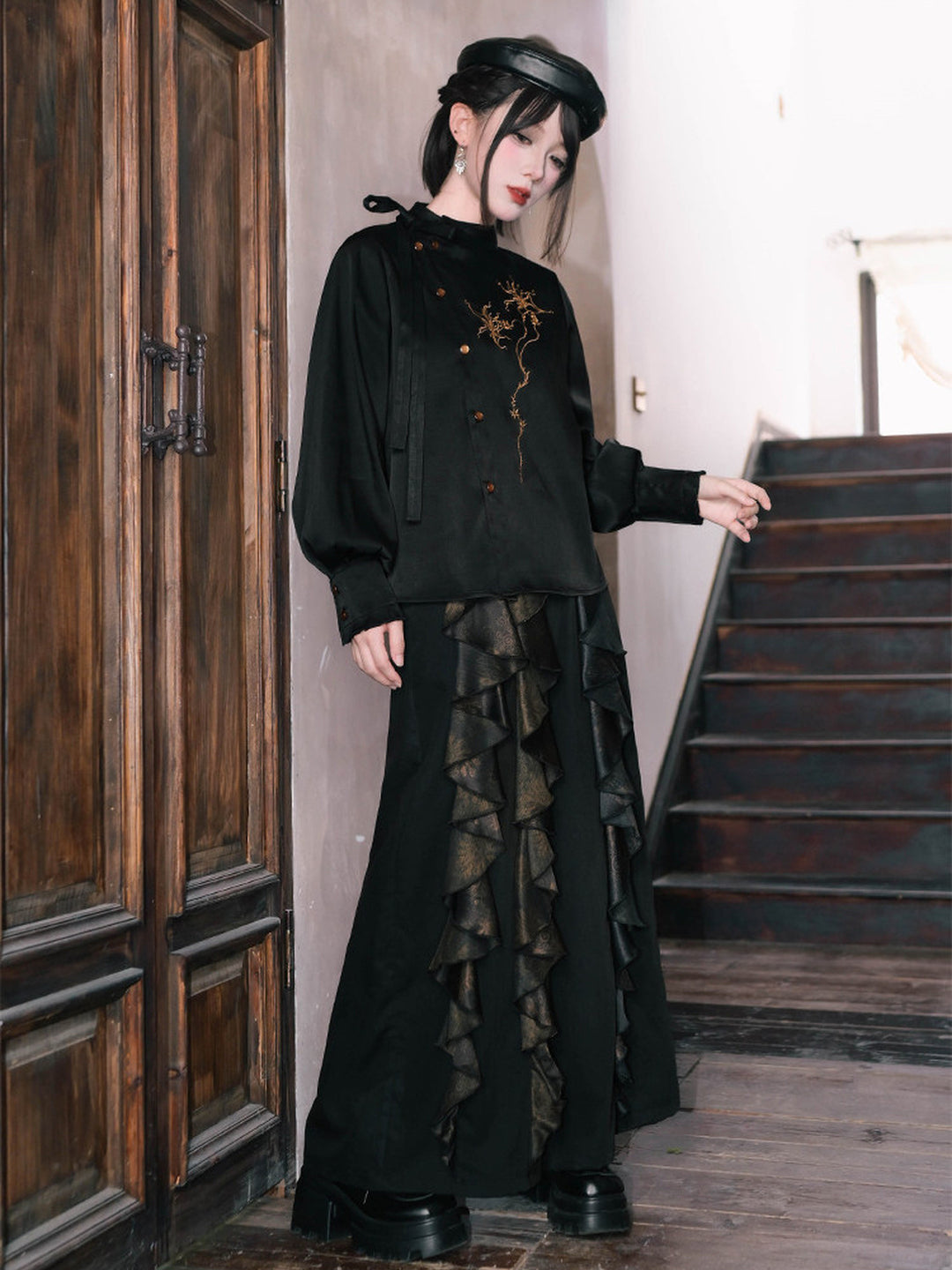 Chinese-Inspired Datura Ruffle Wide-Leg Pants
