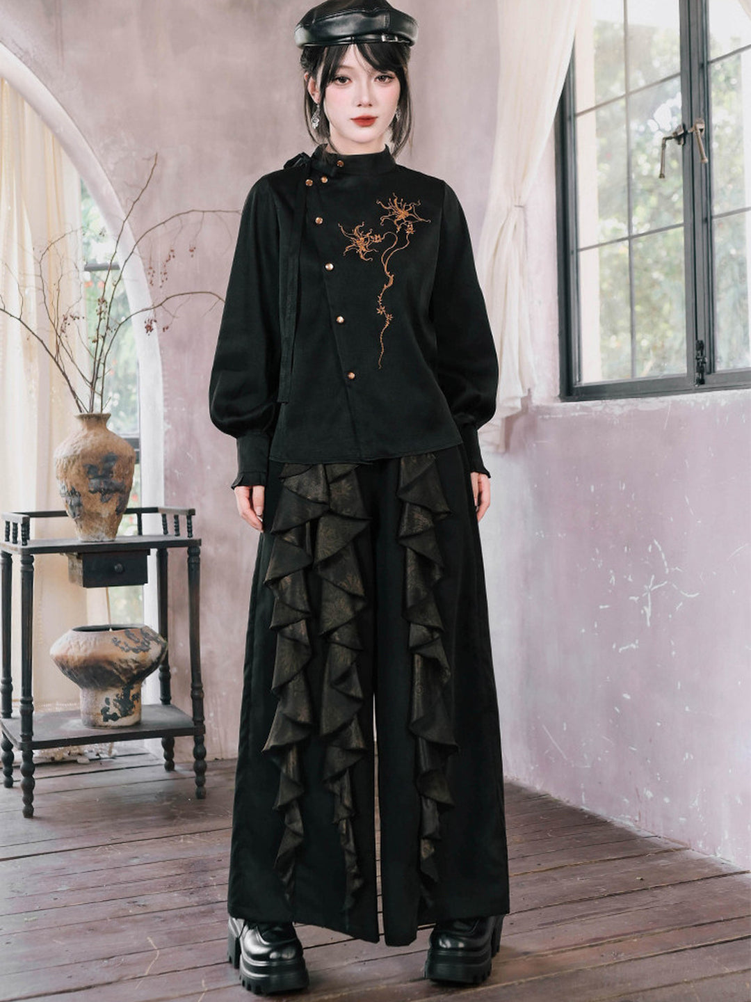 Chinese-Inspired Datura Ruffle Wide-Leg Pants