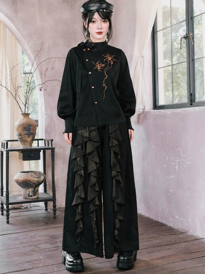 Chinese-Inspired Datura Ruffle Wide-Leg Pants