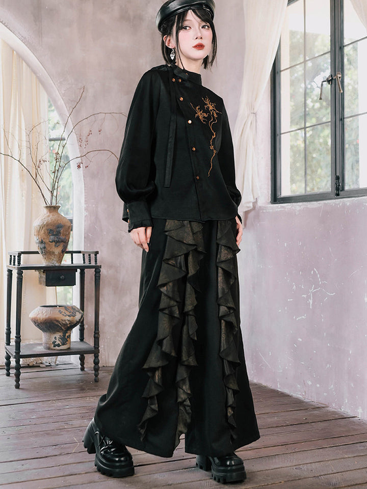 Chinese-Inspired Datura Ruffle Wide-Leg Pants