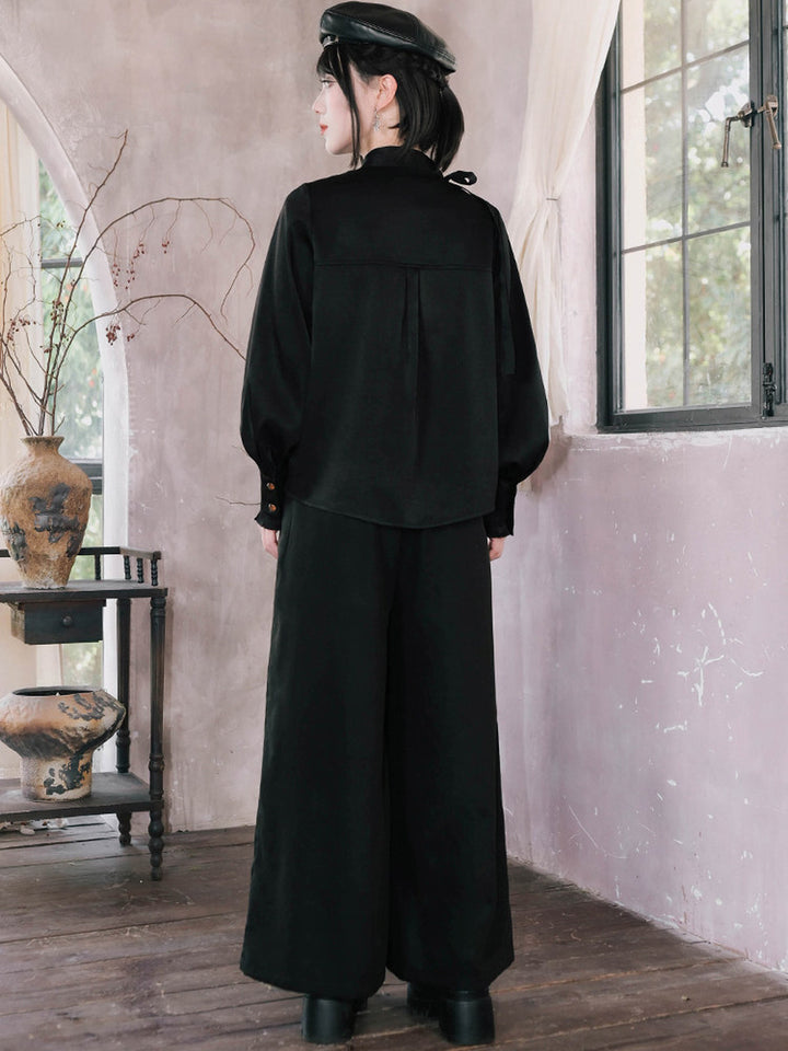 Chinese-Inspired Datura Ruffle Wide-Leg Pants