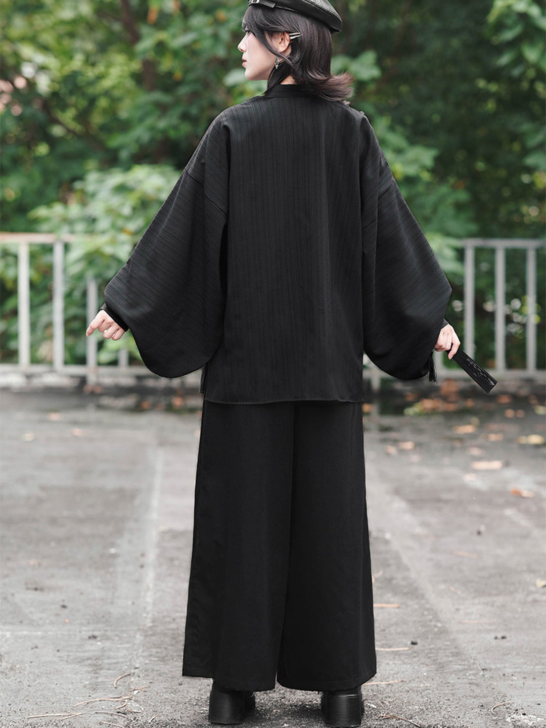Chinese-Inspired Datura Ruffle Wide-Leg Pants