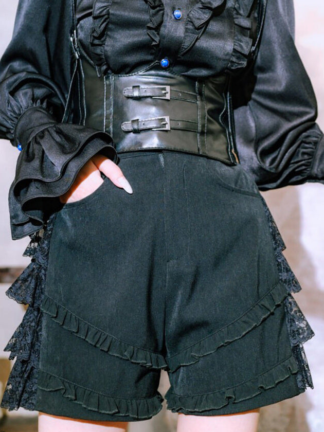 Gothic Lace Panel Ruffle Shorts
