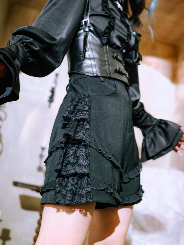 Gothic Lace Panel Ruffle Shorts