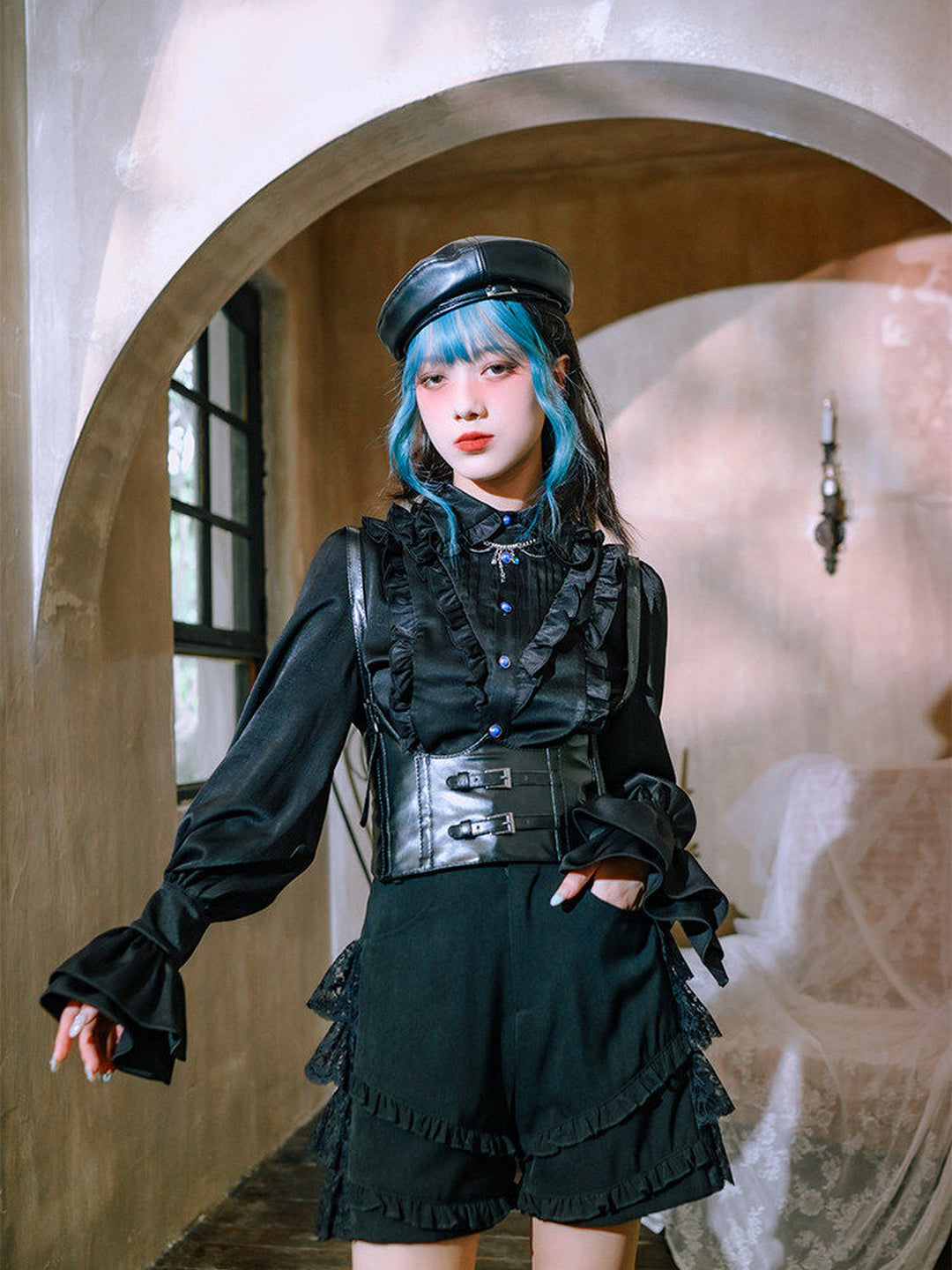 Gothic Lace Panel Ruffle Shorts