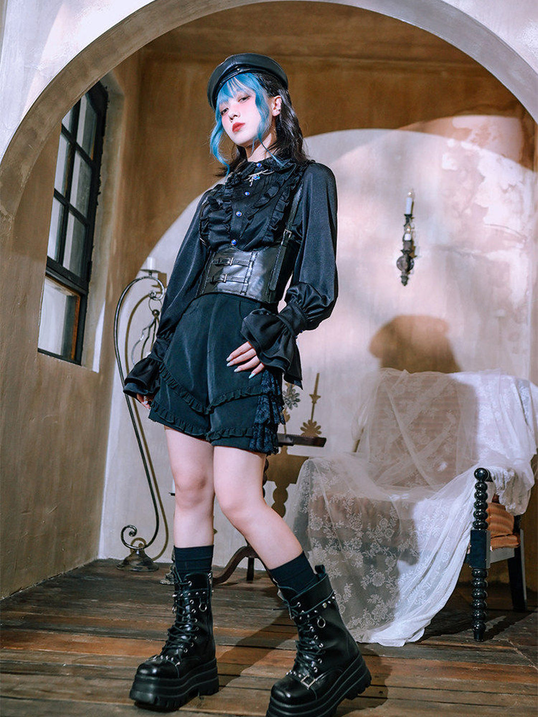Gothic Lace Panel Ruffle Shorts