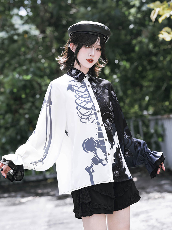 Gothic Skeleton Print Balloon Sleeve Shirt