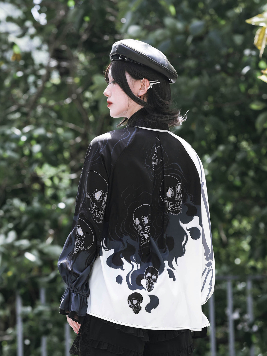 Gothic Skeleton Print Balloon Sleeve Shirt