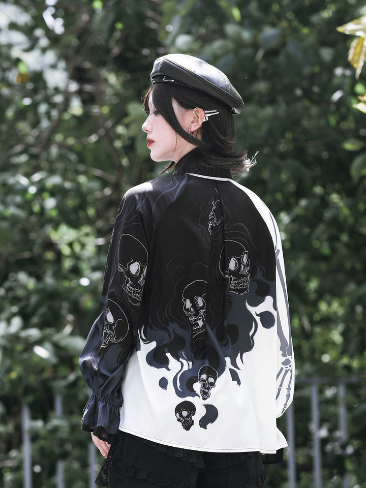 Gothic Skeleton Print Balloon Sleeve Shirt