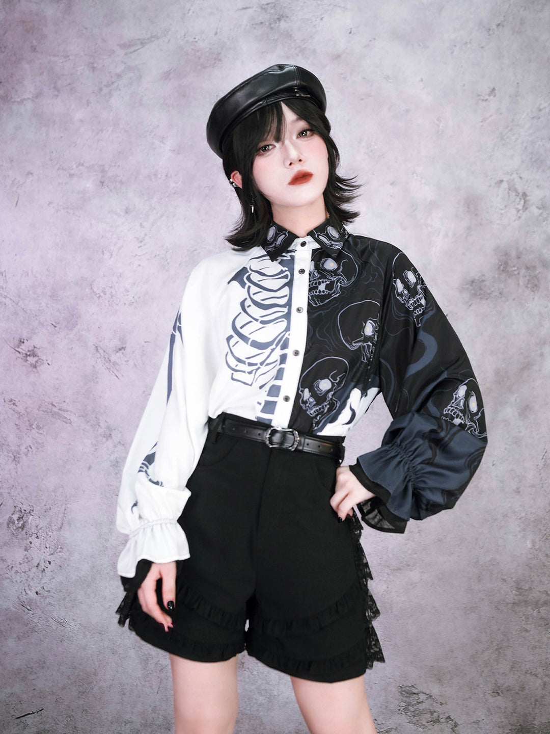 Gothic Skeleton Print Balloon Sleeve Shirt