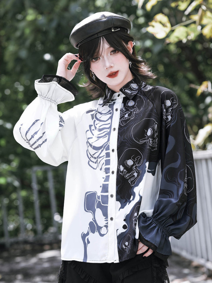 Gothic Skeleton Print Balloon Sleeve Shirt
