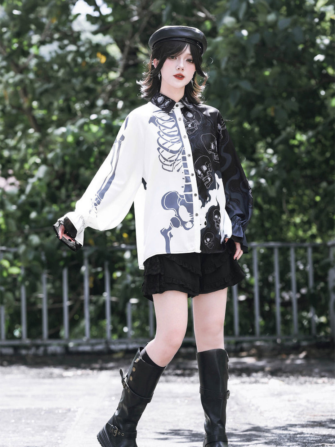 Gothic Skeleton Print Balloon Sleeve Shirt