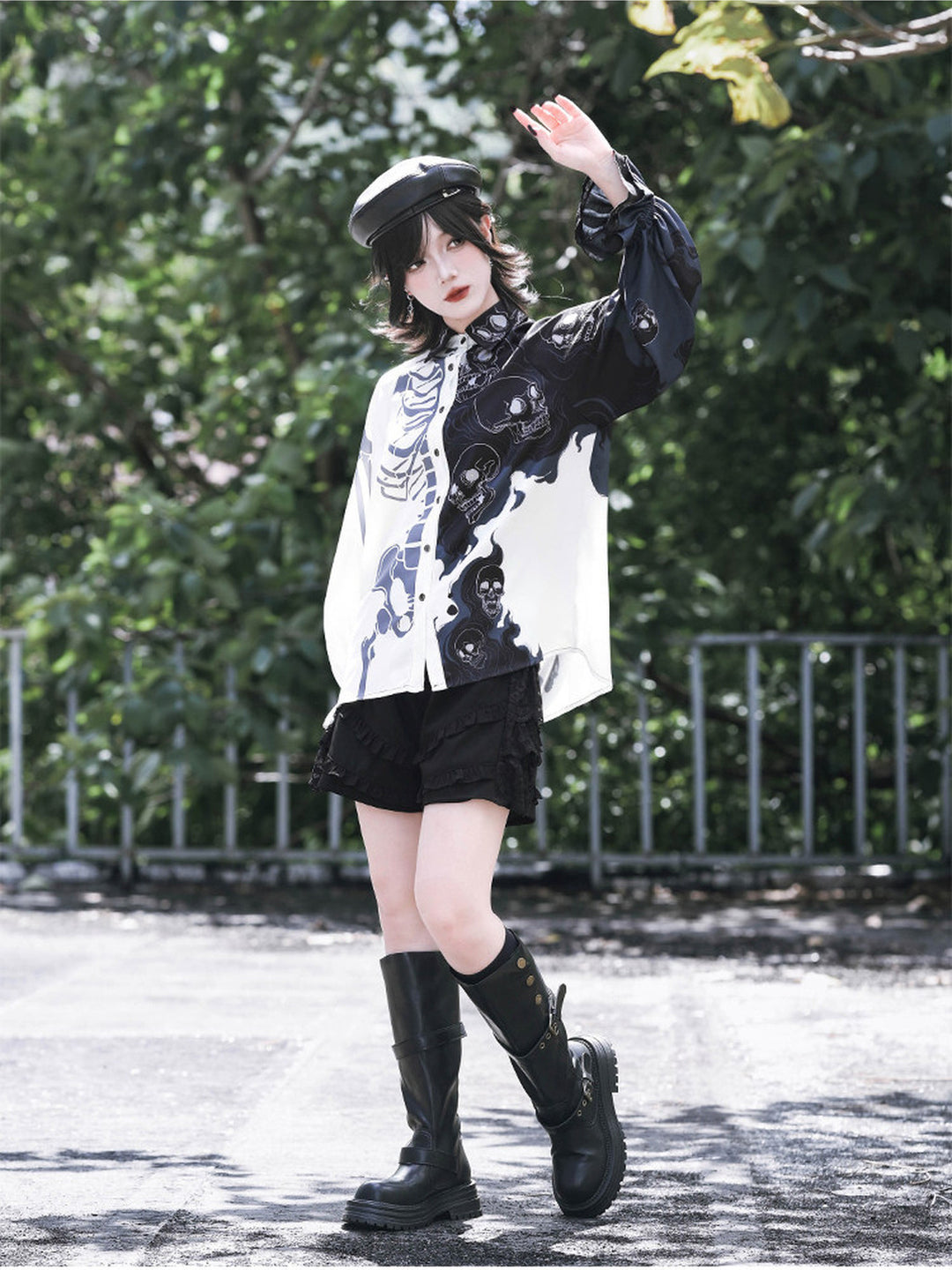 Gothic Skeleton Print Balloon Sleeve Shirt