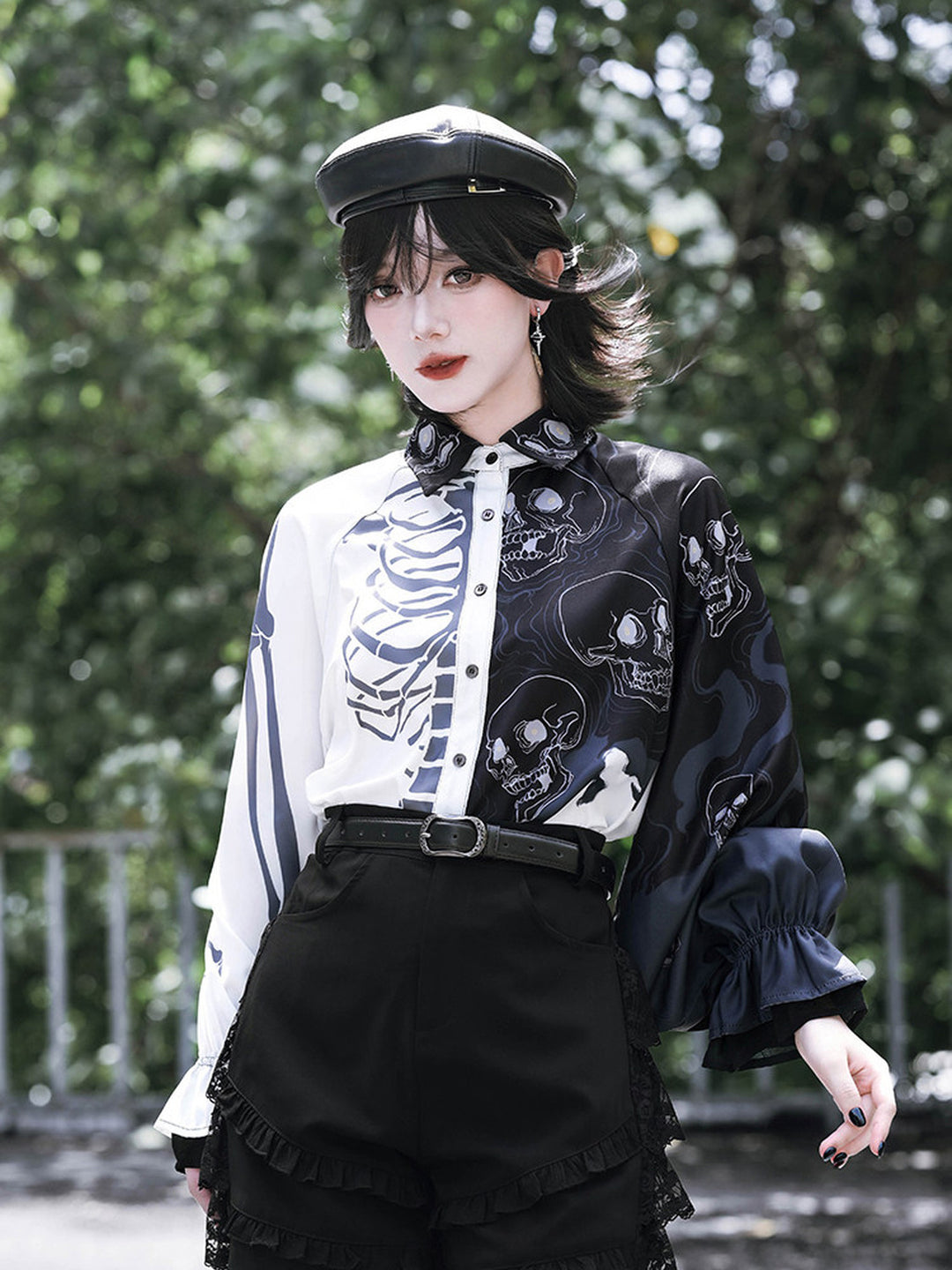 Gothic Skeleton Print Balloon Sleeve Shirt