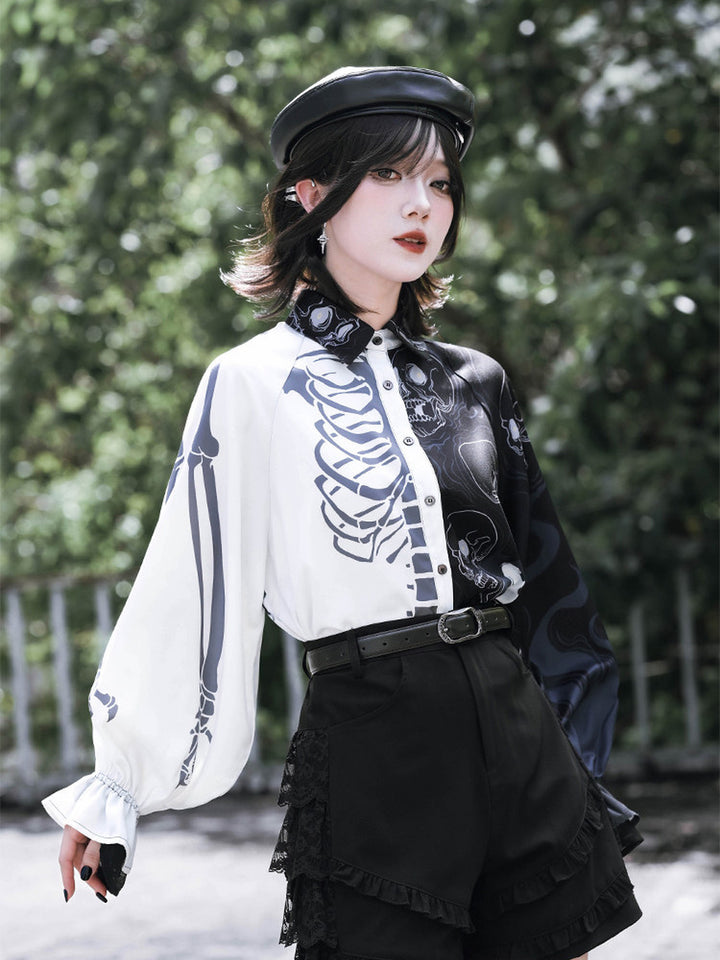 Gothic Skeleton Print Balloon Sleeve Shirt