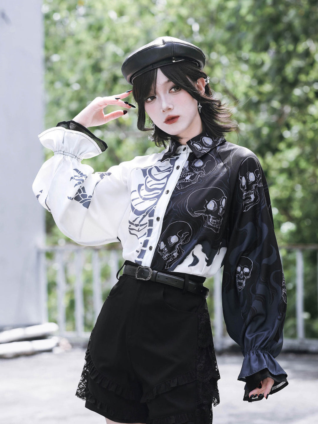 Gothic Skeleton Print Balloon Sleeve Shirt